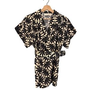 Exquise Black Bone Belted Blouse Size 4 Geometric Floral Retro